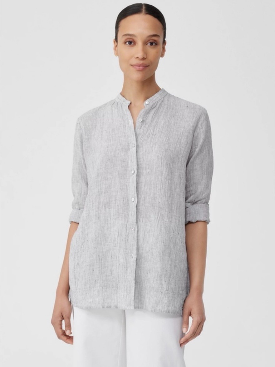 Eileen Fisher Crinkled Organic Linen Stripe Mandarin Collar Long Shirt Plus 3x